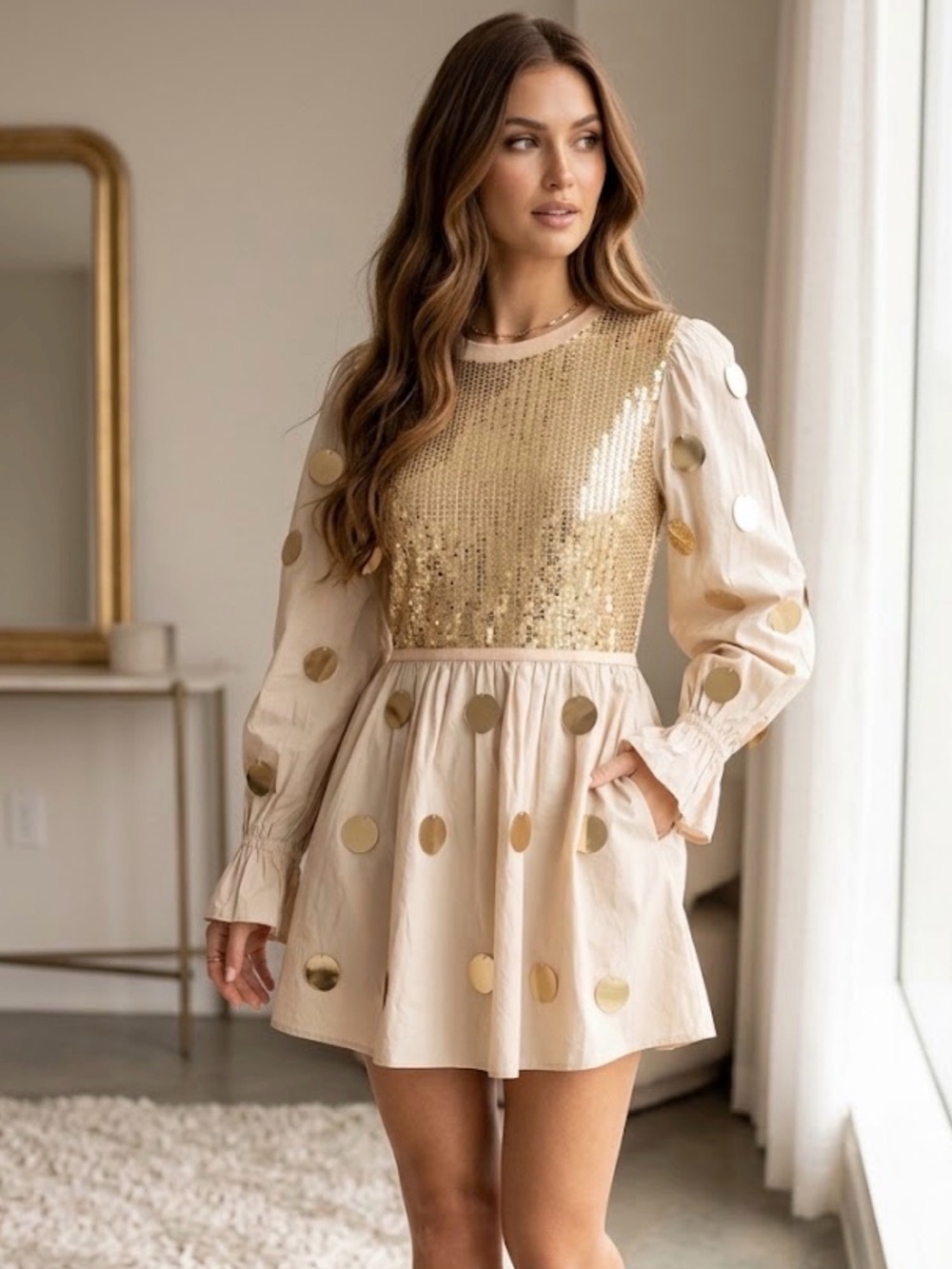 New! QUEEN OF SPARKLES Gold and Beige Paillette Sequin Long Sleeve Dress